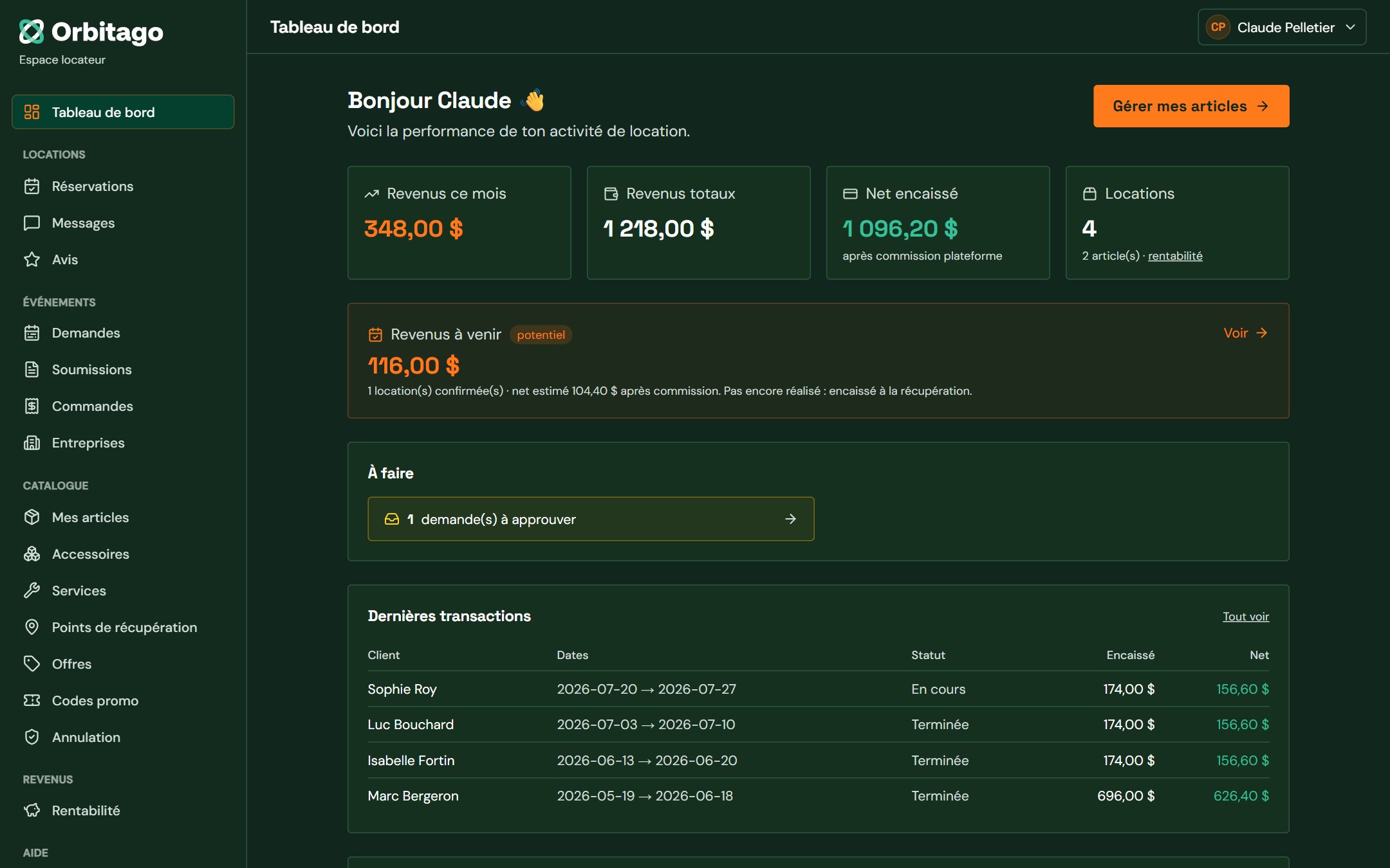 Tableau de bord du locateur avec revenus et transactions